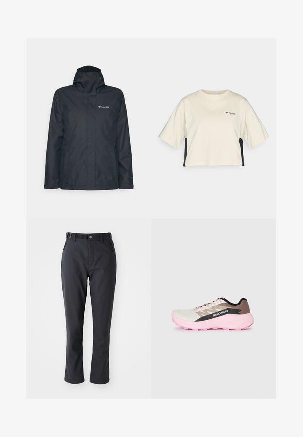 Juodas vandeniui atsparus džemperis su užtrauktuku priekyje, reguliuojama kapuci ir dvi šoninės kišenės. Yra Columbia logotipas ant krūtinės. Lygus paviršius.; Kreminės spalvos prigludusi marškinėliai su apvalia kaklo iškirpte, trumpomis rankovėmis ir juodomis šoninėmis juostelėmis; turi mažą juodą logotipą krūtinėje.; Columbia LEADER CREST™ PANT - Lauko kelnės - black; Lengvas bėgimo batelis baltoje, rudos ir rožinės spalvos kombinacijoje. Yra kvėpuojanti viršutinė dalis, tekstūruoti pilki akcentai ir rožinė guma padais.