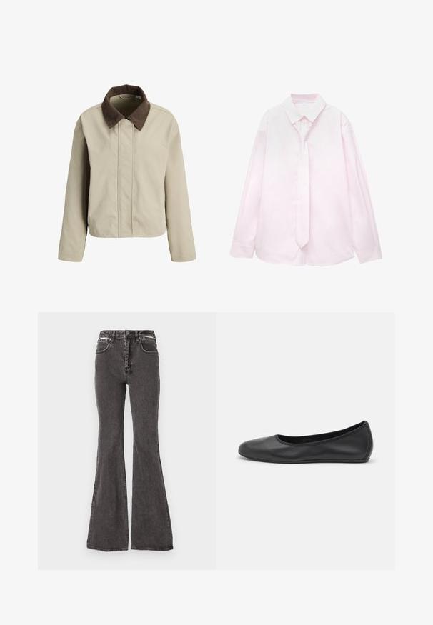 Béžová bunda s hnědým manžestrovým límcem, se zipovým zapínáním a dlouhými rukávy. Hladká textura s uvolněným střihem a minimálními detaily.; Světle růžová košile s dlouhým rukávem a bílými vertikálními pruhy, spolu s odpovídající kravatou. Hladká struktura, límeček s knoflíky a manžety na rukávech.; Černé rozšířené džíny vyrobené z denimu s vybledlou texturou, s předními kapsami, poutky na opasek a kovovými akcentovými prvky v pase.; Černé kožené baletní byty s kulatou špičkou, hladkou texturou, minimálními švy a flexibilním designem podrážky.