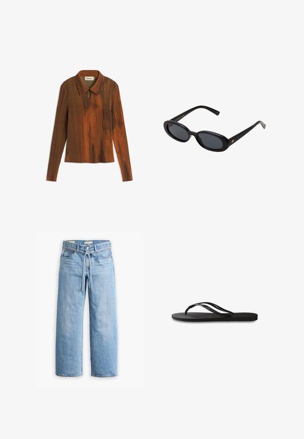 Giacca beige con colletto in corduroy marrone, con zip frontale e maniche lunghe. Tessuto liscio con una vestibilità rilassata e dettagli minimi.; Top lungo a maniche con colletto marrone a righe verticali, caratterizzato da un dettaglio a chiave sul collo e una superficie leggermente testurizzata.; Jeans in denim azzurro chiaro a gamba larga con vita alta, chiusura con bottone e zip, e dettaglio con cordoncino in vita. Orlo grezzo.; Infradito neri con suola in gomma testurizzata, due cinghie sottili e un sottile dettaglio del logo impresso sulla cinghia.; Occhiali da sole neri oversize con lenti ovali, montatura in plastica liscia e accenti dorati sulle tempie. Le lenti scure offrono protezione dal sole.