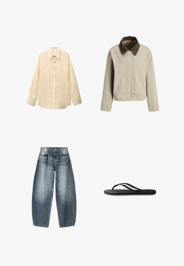 Sacou bej cu guler din căptușeală maro, fermoar frontal și mâneci lungi. Textură netedă, cu o croială lejeră și detalii minime.; Cămașă din in galben deschis, cu guler ascuțit, mâneci lungi, închidere cu butoni pe față și un tiv ușor curbat. Țesătură texturată.; Blugi evazați din denim albastru deschis cu estompare, având un design cu cinci buzunare, închidere cu nasturi și detalii de coasere minime.; Încălțăminte tip flip-flop neagră cu o talpă din cauciuc texturat, două bretele subțiri și un detaliu discret, embosat cu logo pe bretea.