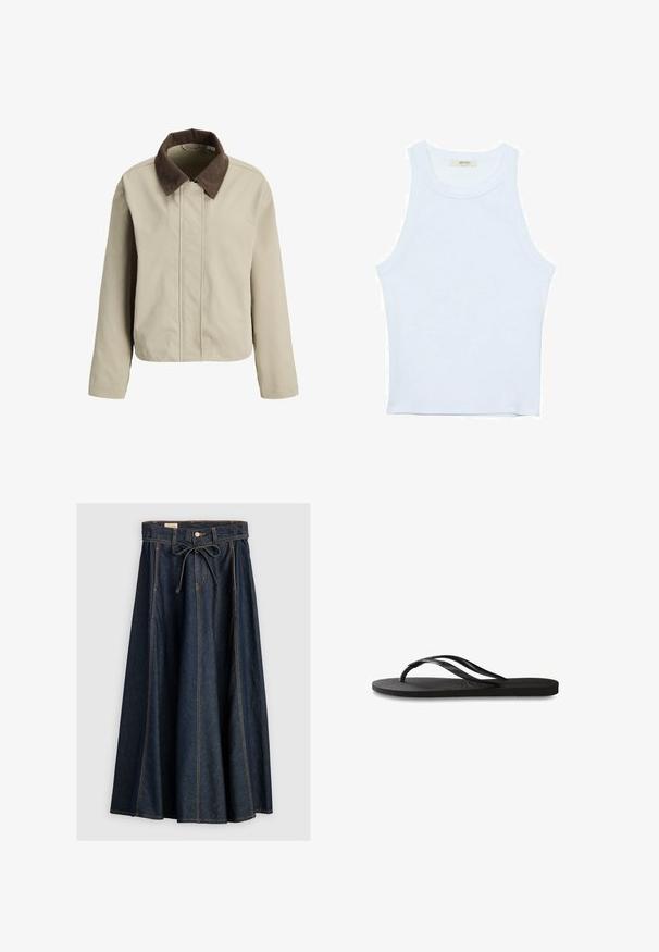 Beige jacket with a brown corduroy collar, zip front, and long sleeves. Smooth texture with a relaxed fit and minimal detailing.; White tank top, ribbed texture, round neckline, sleeveless design, fitted shape, subtle branding on the label inside the collar area.; Levi's® XL SKIRT - Denim skirt - square circle; Black flip-flop featuring a textured rubber sole, two slender straps, and a subtle, embossed logo detail on the strap.