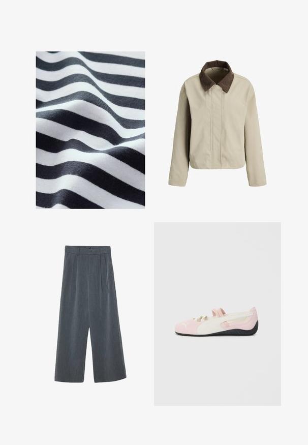 Harmaa takki, jossa on ruskea halsterikaulus, vetoketjukiinnitys ja pitkät hihat. Tasainen pinta, rento istuvuus ja minimaalinen yksityiskohtien määrä.; Aine aaltoileva, mustavalkoista raitakangasta, jossa on pehmeä tekstuuri. Raidat vaihtelevat paksuudeltaan ja luovat sulavan, virtaavan ilmeen.; Vaatteet vyötäröltään korkealla tummanharmaat leveälahkeiset housut, joissa on teksturoitu kangas, laskostettu etuosa ja sileä vyötärönauha.; Vaaleanpunaiset mokkasiinit valkoisilla yksityiskohdilla, kumipohjalla ja joustavilla hihnoilla. Ominaisuuksiin kuuluu teksturoitu muotoilu ja pieni logo edessä.