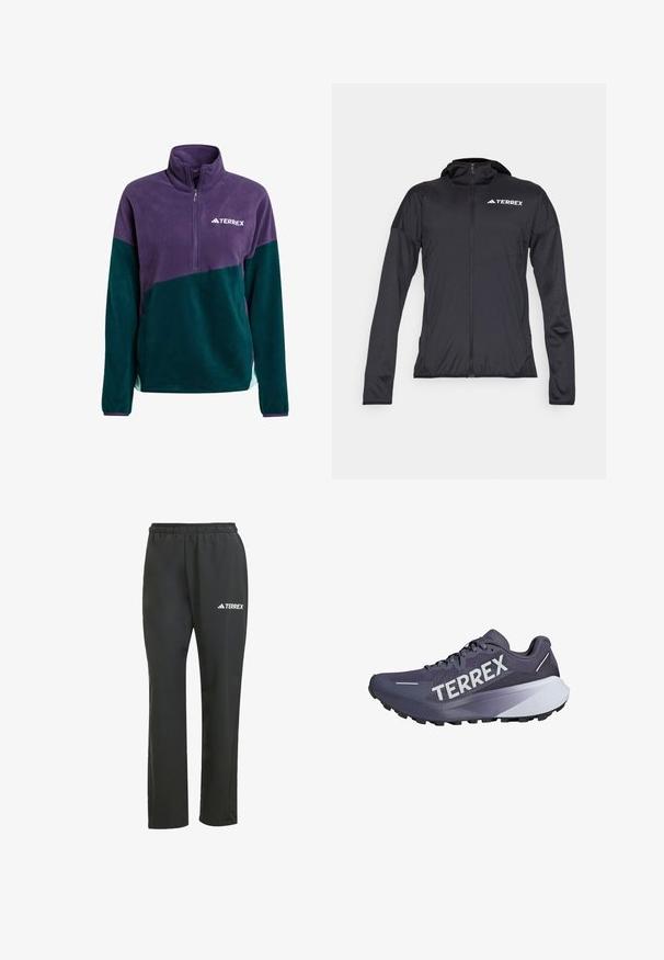Crna Terrex jakna s dugim rukavima, prednjim zatvaračem i prilagođenim dizajnom. Izrađena od laganog, glatkog materijala; sadrži kapuljaču i detalj s logotipom.; Purpurni i tamnozeleni dukserica s patentnim zatvaračem i visokim ovratnikom, s malim bijelim logotipom na prsima. Meka textura, sportski dizajn.; Crne lagane hlače s elastičnom trakicom u struku. Imaju suptilan bijeli “TERREX” logo. Glatka tkanina i ravni kroj.; Ljubičaste trkačke tenisice s mrežastim gornjim dijelom, hrabrim "TERREX" brendom, teksturiranom potplatom i složenim dizajnom s bijelim i tamno sivim akcentima.