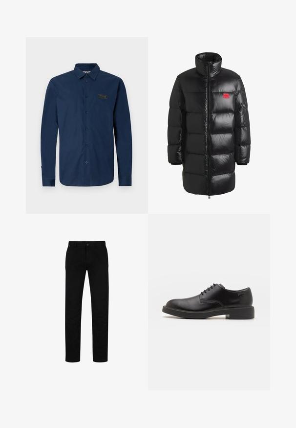 HUGO Piumino lungo - black one; Versace Jeans Couture BASIC SOFT - Camicia - blu; Pantaloni di cotone neri con vestibilità dritta, dotati di chiusura con bottone, passanti per cintura e design minimalista. Texture liscia, senza fantasie.; Scarpa nera in pelle con lacci, punta tonda, texture liscia, cuciture minime e tacco in gomma basso. Logo sul tacco.
