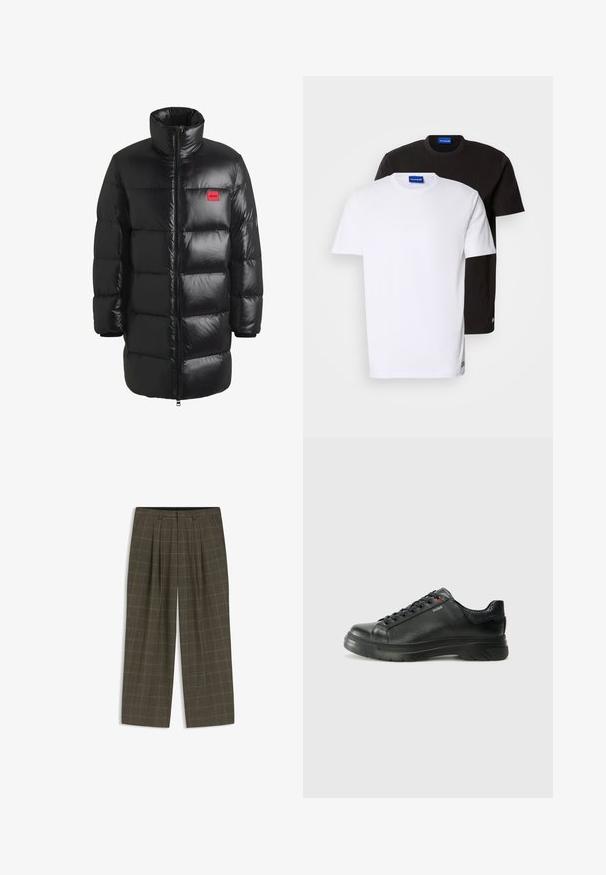 HUGO Down coat - black one; Two T-shirts stacked: one white and one black. Short sleeves, round necklines, cotton fabric. Features a small blue logo at the neckline.; Brown plaid trousers with a wide-leg design, featuring front pleats and a smooth waistband. Made from a textured fabric.; Black leather sneaker with textured upper, padded collar, and red logo detail. Features a thick rubber sole with distinct tread pattern.