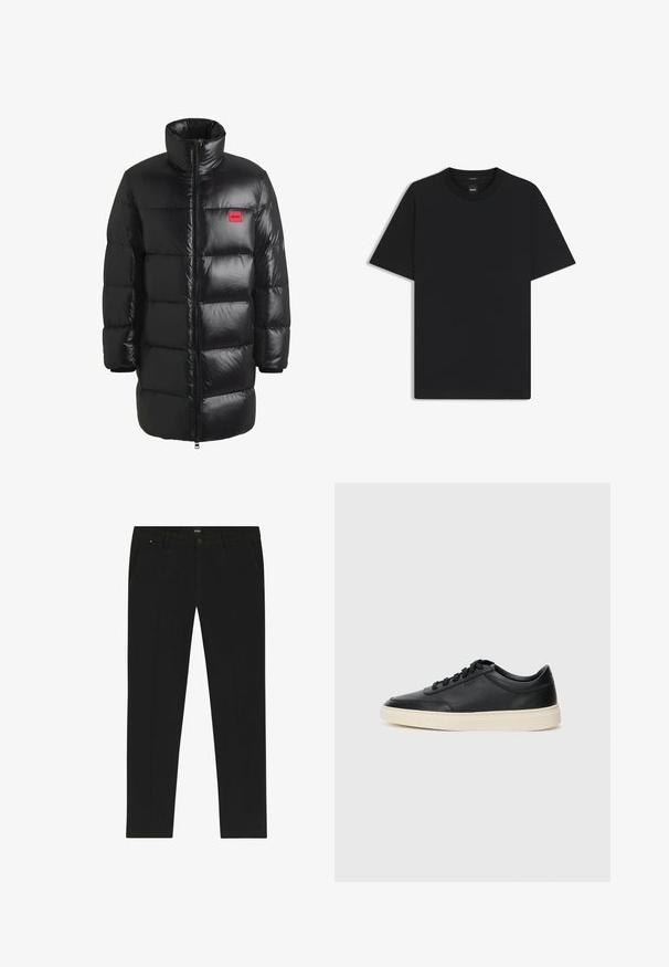 HUGO Dunkappa / -rock - black one; Svart kortärmad T-shirt i en mjuk bomullsblandning, med rundad halsringning och en minimalistisk design utan mönster eller detaljer.; Svarta byxor i slät väv med rak bendesign. Har framfickor och en dold knappslutning. Diskret logotypdetalj ingår.; Svart låg skor i läder med svarta snören och off-white sula, visas i sidoprofil på vit bakgrund.