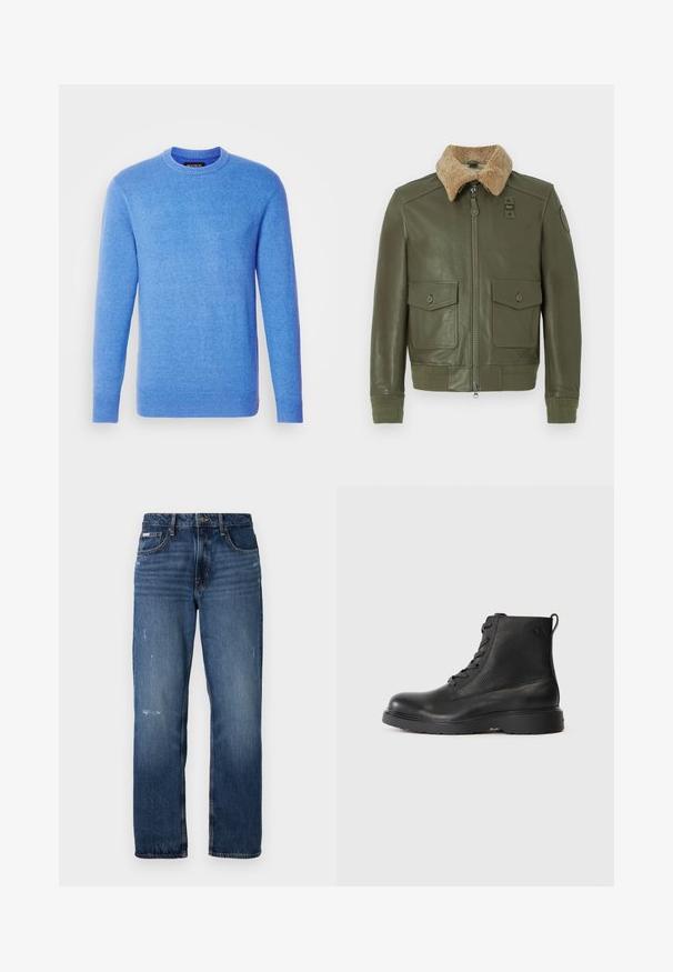 Olivgrüne Lederjacke mit beigem Lammfellkragen, Frontreißverschluss, zwei geknöpften Klappentaschen sowie gestrickten Bündchen und Saum.; Blauer Strickpullover mit langen Ärmeln, rundem Ausschnitt, gerippten Bündchen und Saum. Weiches Material, einheitliche Farbe, etikettiert im inneren Kragen.; Blaue Denim-Jeans mit geradem Bein. Sie verfügen über ausgewaschene Bereiche und leichte Abnutzungsspuren auf der Vorderseite sowie einen klassischen Knopfverschluss.; Schwarze Knöchelstiefel aus strukturiertem Leder mit runder Spitze, Schnürdesign und einer robusten schwarzen Gummisohle. Verfügt über eine Schlaufe an der Ferse.