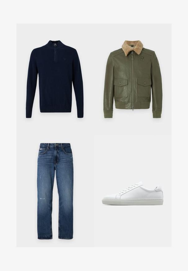 Olíva zöld bőrkabát bézs gyapjú, prémes gallérral, elöl cipzárral, két patentos zsebkendő zsebbel, valamint kötött mandzsettával és derékrésszel.; Tengerészkék, hosszú ujjú kötött pulóver bordás nyakkal, mandzsettákkal és aljjal, elülső, rövid cipzárral, kerek húzóval.; Kék farmernadrág egyenes lábvágással. Halványodott területekkel és enyhe kopással az elülső részén, klasszikus gombzárással.; Fehér sportcipő sima bőr felső résszel és alacsony profilsal. Kerek orr, hat fűzőlyuk és barázdált gumitalp jellemzi.