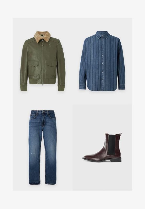 Olivgrüne Lederjacke mit beigem Lammfellkragen, Frontreißverschluss, zwei geknöpften Klappentaschen sowie gestrickten Bündchen und Saum.; Samsøe Samsøe SADAMON SHIRT - Hemd - denim; Blaue Denim-Jeans mit geradem Bein. Sie verfügen über ausgewaschene Bereiche und leichte Abnutzungsspuren auf der Vorderseite sowie einen klassischen Knopfverschluss.; Braune Leder Chelsea-Stiefel mit elastischen Seitenpaneelen, spitzem Zehenbereich und glatter Textur. Schwarzer Boden und dezente Ziernähte.