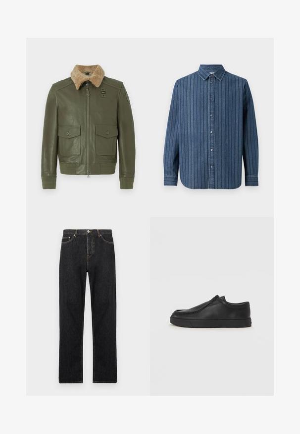 Olīvu zaļš ādas jaka ar bēšas vilnas apkakli, priekšējo rāvējslēdzēju, divām pogām aizveramām kabatām un adītiem aprocēm un jostasvietu.; Samsøe Samsøe SADAMON SHIRT - Krekls - denim; Melni džinsi ar taisnu piegriezumu, ar pogu aizdari, piecām kabatām un smalkiem izšuvumiem pa šuvēm.; Melnas ādas slip-on kurpes ar noapaļotu purngalu, šūšanas detaļām un melnu gumijas zoli. Gluda tekstūra ar minimālistisku dizainu.