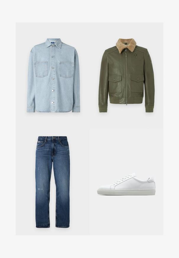 Giacca di pelle verde oliva con colletto in shearling beige, zip frontale, due tasche a patta con bottone e polsini e vita a maglia.; Camicia in denim azzurro chiaro con maniche lunghe, chiusura a bottoni, due tasche sul petto e un colletto classico. Tessuto strutturato con orlo dritto.; Jeans di denim blu con un design a gamba dritta. Presentano zone sbiadite e leggeri segni di usura sulla parte anteriore, con una chiusura classica a bottone.; Sneaker bianco con tomaia in pelle liscia e profilo basso. Presenta una punta arrotondata, sei occhielli e una suola in gomma testurizzata.