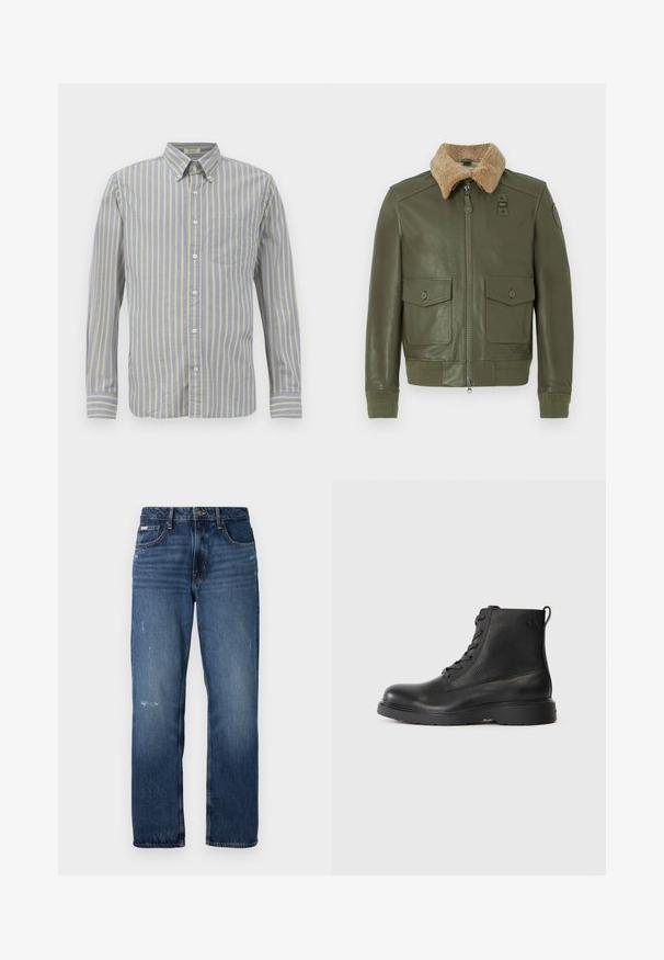 Olíva zöld bőrkabát bézs gyapjú, prémes gallérral, elöl cipzárral, két patentos zsebkendő zsebbel, valamint kötött mandzsettával és derékrésszel.; Kék szövetből készült, vékony sárga csíkos ing, gallérral, hosszú ujjakra és mellzsebbel. Fehér gombokkal van befejezve.; Kék farmernadrág egyenes lábvágással. Halványodott területekkel és enyhe kopással az elülső részén, klasszikus gombzárással.; Fekete bokapólya, texturált bőrből készült, kerek orral, fűzős kialakítással és strapabíró fekete gumitalppal. A saroknál egy hurkok van.