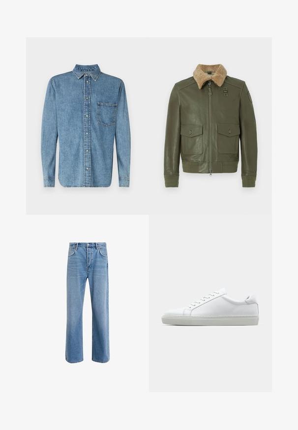 Olíva zöld bőrkabát bézs gyapjú, prémes gallérral, elöl cipzárral, két patentos zsebkendő zsebbel, valamint kötött mandzsettával és derékrésszel.; Samsøe Samsøe DAMON - Ing - medium stone; Világoskék farmernadrág, egyenes szárú fazonnal, öt zsebbel, gombos záródással, minimális kopással és kontrasztos varrással.; Fehér sportcipő sima bőr felső résszel és alacsony profilsal. Kerek orr, hat fűzőlyuk és barázdált gumitalp jellemzi.