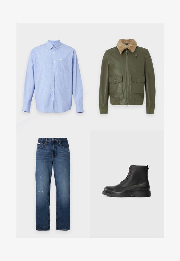 Olivově zelená kožená bunda s béžovým beránkovým límcem, předním zipem, dvěma kapsami se zapínáním na knoflíky a pletenými manžetami a pasem.; Světle modrá košile na knoflíky s vertikálními bílými pruhy, dlouhými rukávy, špičatým límečkem, jednou kapsičkou na prsou a malou značkovou visačkou.; Modré džíny z denimu se střihem rovného nohavice. Mají vybledlé oblasti a drobné opotřebení na přední straně, s klasickým zapínáním na knoflík.; Černé kotníkové boty vyrobené z texturované kůže, s kulatou špičkou, šněrovacím designem a robustní černou gumovou podrážkou. Obsahují smyčku na patě.