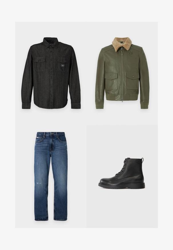 Oliivivihreä nahkatakki, jossa on vaaleanbeige turkiskaulus, etuvetoketju, kaksi napillista läppätaskua sekä neulottu hihansuut ja vyötärö.; Musta farkkutakki, jossa on napit edessä, terävä kaulus ja kaksi rintataskua. Takissa on hienovarainen raidallinen kuvio ja brändilogo taskussa.; Siniset farkut suoran lahkeen muotoilulla. Edessä kuluneita kohtia ja kevyttä kulumista, klassinen napitus.; Musta nilkkuri, joka on valmistettu teksturoidusta nahasta. Kengässä on pyöreä kärki, nauhakiinnitys ja tukevat mustat kumipohjat. Säären takana on lenkki.