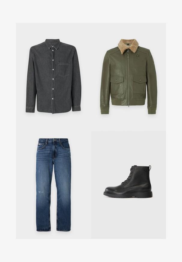 Olijfgroene leren jas met beige schapenvacht kraag, voorrits, twee knoop-flapzakken en gebreide manchetten en tailleband.; Grijze denim overhemd met lange mouwen, een puntige kraag, een borstzak en witte knopen. Zachte textuur met een licht vervaagde afwerking.; Blauwe denim jeans met een rechte pijpdesign. Bevat vervaagde delen en lichte slijtage aan de voorkant, met een klassieke knoopsluiting.; Zwarte enkellaars van textuurleer met een ronde neus, vetersluiting en een stevige zwarte rubbere zool. Heeft een lus aan de hiel.