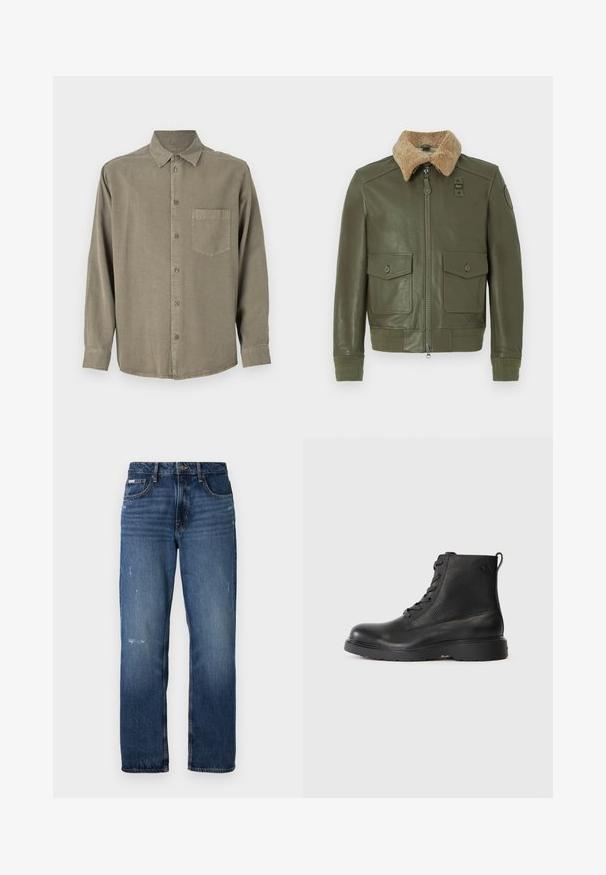 Olijfgroene leren jas met beige schapenvacht kraag, voorrits, twee knoop-flapzakken en gebreide manchetten en tailleband.; Langarm, knoopsluiting overhemd van olijfgroen stof. Heeft een borstzak, klassieke kraag en knoopmanchetten. Zachte textuur met een ontspannen pasvorm.; Blauwe denim jeans met een rechte pijpdesign. Bevat vervaagde delen en lichte slijtage aan de voorkant, met een klassieke knoopsluiting.; Zwarte enkellaars van textuurleer met een ronde neus, vetersluiting en een stevige zwarte rubbere zool. Heeft een lus aan de hiel.