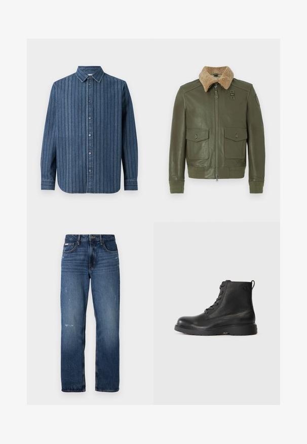 Olivnozeleni usnjeni jopič z bež ovitkom iz ovčje kože, sprednjim zadrgo, dvema gumbnima žepoma s poklopcem ter pletenimi manšetami in pasom.; Samsøe Samsøe SADAMON SHIRT - Srajca - denim; Modre kavbojke s ravnim krojem. Imajo zbledela področja in rahlo obrabljen izgled na sprednji strani ter klasično zapiranje na gumb.; Črne gležnjarje iz strukturirane usnja z okroglo konico, z vezalkami in trdim črnim gumijastim podplatom. Imajo zanko na peti.