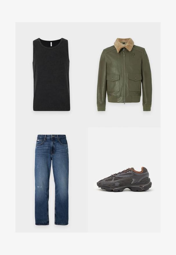 Olivnozeleni usnjeni jopič z bež ovitkom iz ovčje kože, sprednjim zadrgo, dvema gumbnima žepoma s poklopcem ter pletenimi manšetami in pasom.; Črn bombažni top z okroglo izrezom, brez rokavov in gladko teksturo. Ima preprost in klasičen kroj.; Modre kavbojke s ravnim krojem. Imajo zbledela področja in rahlo obrabljen izgled na sprednji strani ter klasično zapiranje na gumb.; Lacoste teniske v temno sivi barvi z mrežasto in sintetično prevleko, s teksturiranim podplatom in rjavimi detajli na ovratniku ter blagovni znamki.