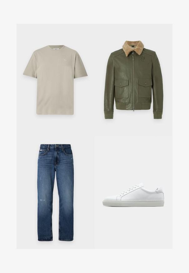 Olivengrøn læderjakke med beige shearlingkrave, frontlynlås, to knap-lukket klaplommer og strikkede manchetter og talje.; Lys taupe bomulds t-shirt med korte ærmer, rund halsudskæring og et lille trykt logo på venstre brystområde. Blød, glat tekstur.; Blå denim jeans med lige ben design. Har slidte områder og let slitage på forsiden, med en klassisk knaplukning.; Hvide sneakers med en glat læderoverdel og lav profil. Har en rund tå, seks snørehuller og en tekstureret gummisål.