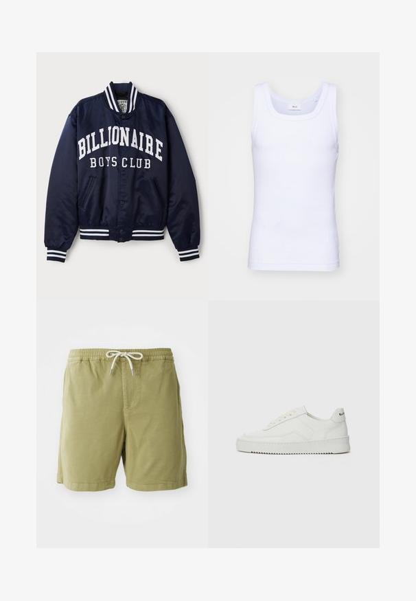 Navy bomber jacket with white "BILLIONAIRE BOYS CLUB" text, striped ribbed cuffs, snap buttons, and side pockets. Satin finish.; White cotton sleeveless tank top with a round neckline, featuring a smooth texture and a fitting shape, designed for casual wear.; NN.07 GREGOR - Shorts - green; White leather sneaker with a smooth finish, round toe, flat laces, and a textured sole. Features a subtle logo on the heel.