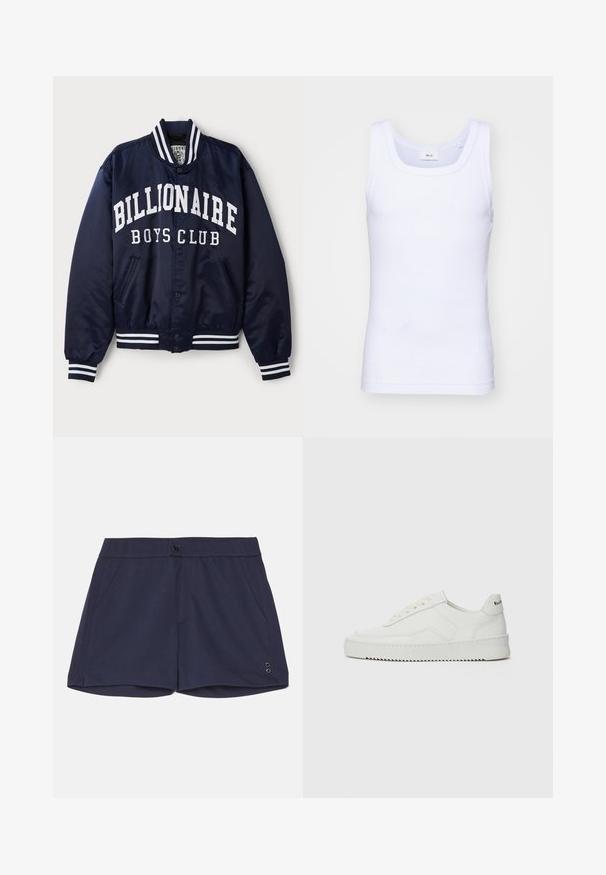 Námornícka bomber bunda s bielym textom "BILLIONAIRE BOYS CLUB", pruhovanými rebrovanými manžetami, patentnými gombíkmi a bočnými vreckami. Saténový povrch.; Biela bavlnená tielko bez rukávov s okrúhlym výstrihom, s hladkou textúrou a priliehavým strihom, navrhnuté pre neformálne nosenie.; Ron Dorff TENNIS - Šortky - navy; Biele kožené tenisky s hladkým povrchom, okrúly špičkový dizajn, ploché šnúrky a textúrovaná podrážka. Obsahujú jemné logo na päte.