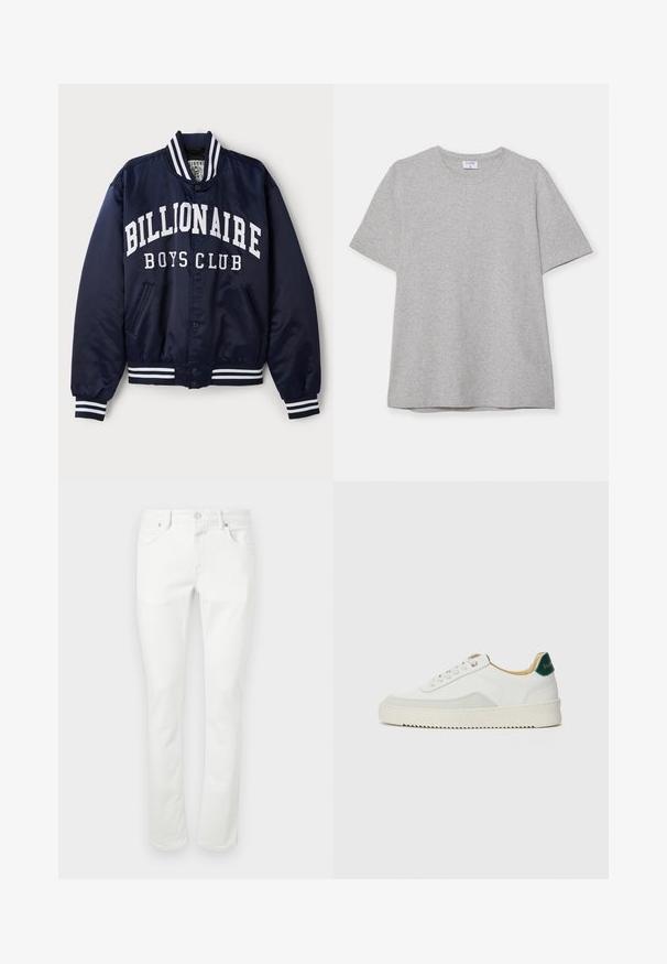 Mornarska bomberska jakna z belim napisom "BILLIONAIRE BOYS CLUB", črtastimi rebrastimi manšetami, sponkami in stranskimi žepi. Satenska površina.; Siva kratka majica s kratkimi rokavi, narejena iz mehke, teksturirane tkanine. Ima klasičen okrogli ovratnik in ravno spodnjo rob, primerna za vsakdanje nošenje.; Beli traperice iz belega denima s ravnim krojem, pet žepov in kovinskim gumbom za zapiranje. Gladka tekstura in minimalni šivi.; Bela trenerka z zaključki iz semiša, okroglo konico, ravne vezalke in kremna gumijasta podplata. Ima zeleno blagovno znamko na peti.