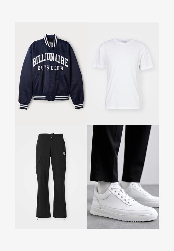 Merejakk navy värvuses, millel on valge "BILLIONAIRE BOYS CLUB" kiri, triibulised soonikkoes varrukad, nööbidesnapsid ja küljetaskud. Siidiselt läikiv pind.; Valge puuvillane T-särk ümarate kaelustega, lühikeste varrukatega ja sirge lõikega. Ilma mustrite või kaunistusteta, sile tekstuur ja lihtne disain.; Mustad sirgedega cargo püksid, nupuga kinnitamine, külgmised klapiga taskud ja väike valge logo paremal reiel.; Valged nahast tennisetossud, millel on lame kummist tallapool, sile viimistlus, ümar varvas ja metallist silmadega paelte jaoks. Kantud mustade pükstega.