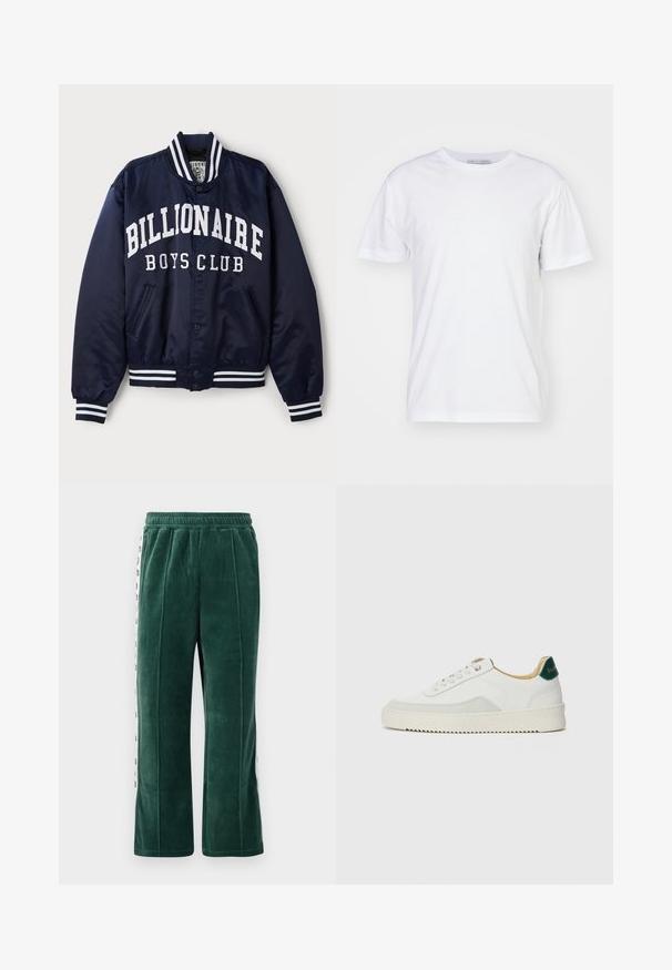 Jūras spēku bumbieru jaka ar balto "BILLIONAIRE BOYS CLUB" tekstu, svītrainām ribu aprocēm, spiedpogas un sānu kabatām. Satīna apdare.; Balts kokvilnas T-krekls ar apaļu kakla izgriezumu, īsām piedurknēm un taisnu griezumu. Bez rakstiem vai rotājumiem, gluda tekstūra un vienkāršs dizains.; Tumši zaļi velūra sporta bikses ar elastīgu jostu, ar vertikālām šuvēm un baltām sānu paneļiem ar melnu tekstu. Taisna piegriezuma.; Baltas sneakers ar zamša akcentiem, noapaļota purngala, plakaniem auklām un krēmkrāsas gumijas zoli. Ar zaļu zīmolu uz papēža.