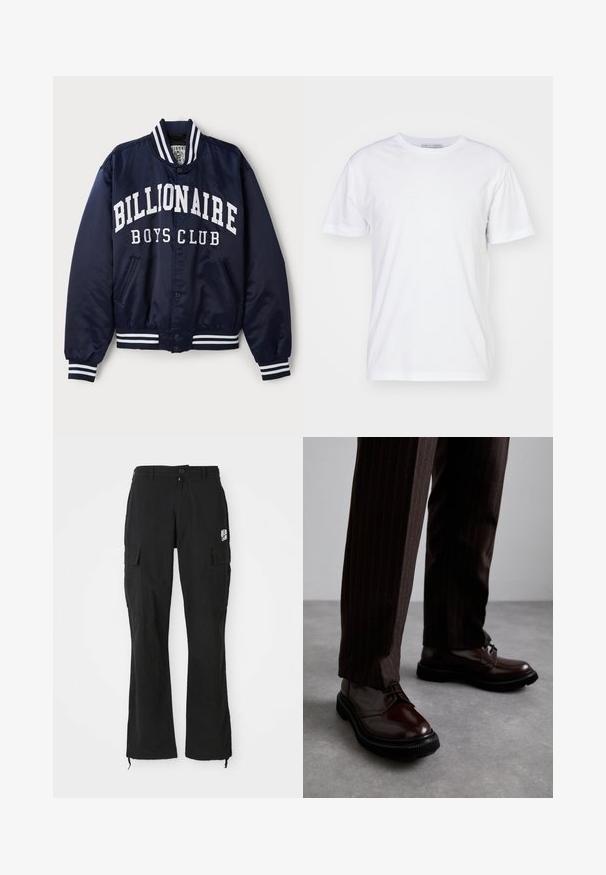 Mornarska bomberska jakna z belim napisom "BILLIONAIRE BOYS CLUB", črtastimi rebrastimi manšetami, sponkami in stranskimi žepi. Satenska površina.; Bela bombažna majica s krojem okroglih izrezov, kratkimi rokavi in ravnim krojem. Brez vzorcev ali okrasnih elementov, gladka tekstura in enostaven dizajn.; Črne cargo hlače ravne kroja z gumbom, stranskimi žepi s pokrovom in majhnim belim logotipom na desni stegn.; Bordeaux usnjeni čevlji na vezanje z leskom, črnim gumijastim podplatom in diskretno šivanjem. Nosi se z rjavo prugastimi hlačami.