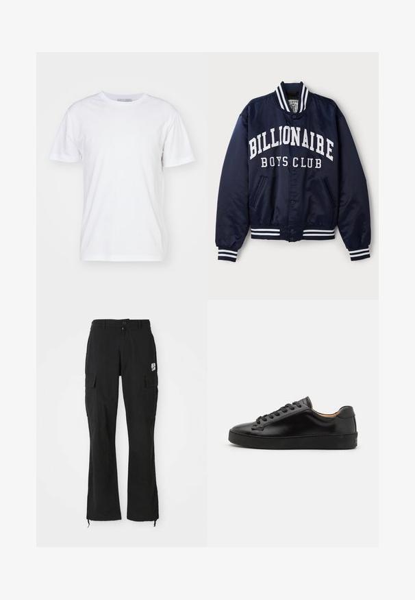 Mornarska bomberska jakna z belim napisom "BILLIONAIRE BOYS CLUB", črtastimi rebrastimi manšetami, sponkami in stranskimi žepi. Satenska površina.; Bela bombažna majica s krojem okroglih izrezov, kratkimi rokavi in ravnim krojem. Brez vzorcev ali okrasnih elementov, gladka tekstura in enostaven dizajn.; Črne cargo hlače ravne kroja z gumbom, stranskimi žepi s pokrovom in majhnim belim logotipom na desni stegn.; Črne usnjene superge z gladko končano površino, okroglo špico in črnimi vezalkami. Imajo minimalno blagovno znamko na peti in gumo podplat.