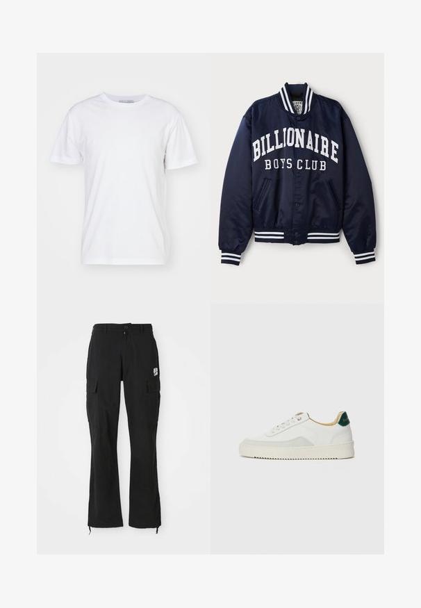 Marinblå bomberjacka med vit text "BILLIONAIRE BOYS CLUB", randiga ribbade muddar, tryckknappar och sidofickor. Satinfinish.; Vit bomull t-shirt med rund halsringning, korta ärmar och rak passform. Inga mönster eller utsmyckningar, slät textur och enkel design.; Svarta raka cargobyxor med knappstängning, sidofickor med lock och en liten vit logotyp på höger lår.; Vit sneaker med mockadetaljer, rund tå, platta snören och en krämfärgad gummisula. Har grön branding på hälen.
