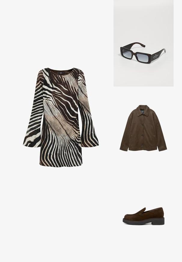 Veste en daim marron avec un col, une fermeture à boutons et deux poches latérales. Elle présente une texture lisse et des lignes de conception ajustées.; Robe à manches longues en marron et crème avec un motif de rayures zébrées. Textile doux, manches évasées et encolure ronde.; Chaussure mocassins en suède marron au design moderne, bout rond et semelle noire épaisse. Détails de couture notables le long du bord.; Lunettes de soleil oversize en écaille de tortue avec des verres gris dégradés. Elles présentent un design de monture rectangulaire et un texte de marque blanc sur les branches.; Sac à épaule en cuir noir avec une texture lisse, une forme courbe et une poignée ajustable. Présente des coutures minimales et un design simple.