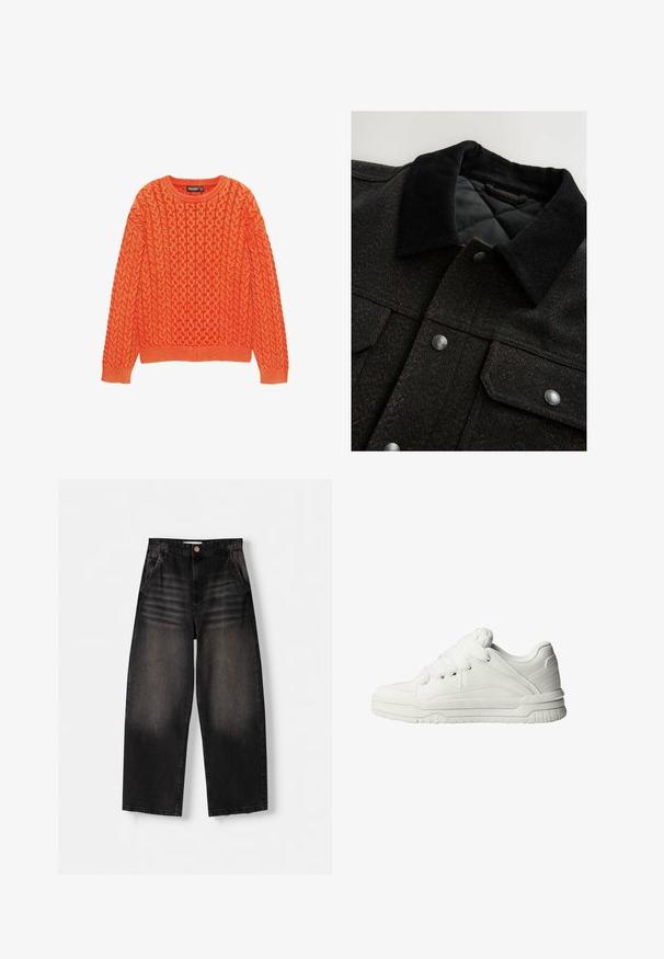 Jacket v vzorju ribje kosti v črni in rjavi barvi s pokrivalom iz kordurka, gumbi na pritisnjenje in prešito podlogo. Tkanina deluje teksturirano.; Oranžni pleteni pulover z teksturiranim kabelskim vzorcem, okroglim izrezom in rebrastimi manšetami ter robom. Narejen iz mehkega, toplega blaga.; Črne denim široke hlače z izbledenim dizajnom, ki imajo pet žepov, zapiranje na gumb in subtilne detajle whiskeringa na sprednji strani.; Bele teneške z gladkim usnjenim zunanjim delom, oblazinjenim jezikom, ravnimi vezalkami ter teksturiranimi detajli na straneh in peti.