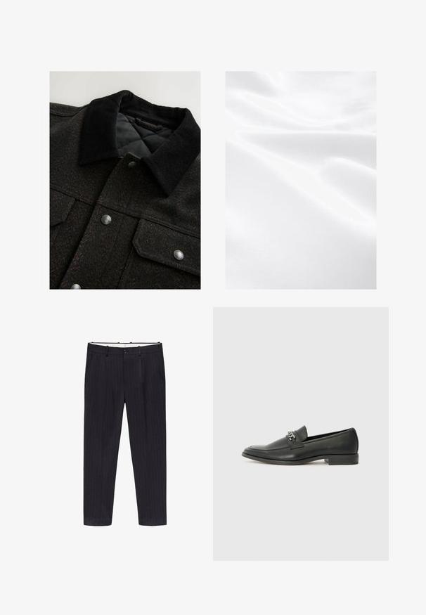 Giacca nera e marrone a motivo a spina di pesce con colletto in corduroy, bottoni a scatto e fodera trapuntata. Il tessuto sembra testurizzato.; Tessuto bianco con una texture liscia, che mostra pieghe e una sottile lucentezza, indicando un materiale leggero e morbido.; Mango Pantaloni eleganti - royal blue; Mocassino in pelle nera con finitura liscia, caratterizzato da un design cucito e da un accento decorativo in catena metallica sul vamp. Tacco piatto.