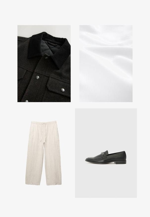 Svart och brun herringbone-mönstrad jacka med en kordflöjlskrage, tryckknappar och ett vadderat foder. Tyget verkar vara texturerat.; Vitt tyg med en slät textur, visar veck och subtil glans, vilket indikerar ett lätt och mjukt material.; Linnebyxor i ljusbeige, med resårmidja och dragsko, vid bendesign och sidofickor. Slät textur.; Svart läderloafers med en slät yta, med en sydd design och en dekorativ metallkedjeaccent över västen. Platt häldesign.