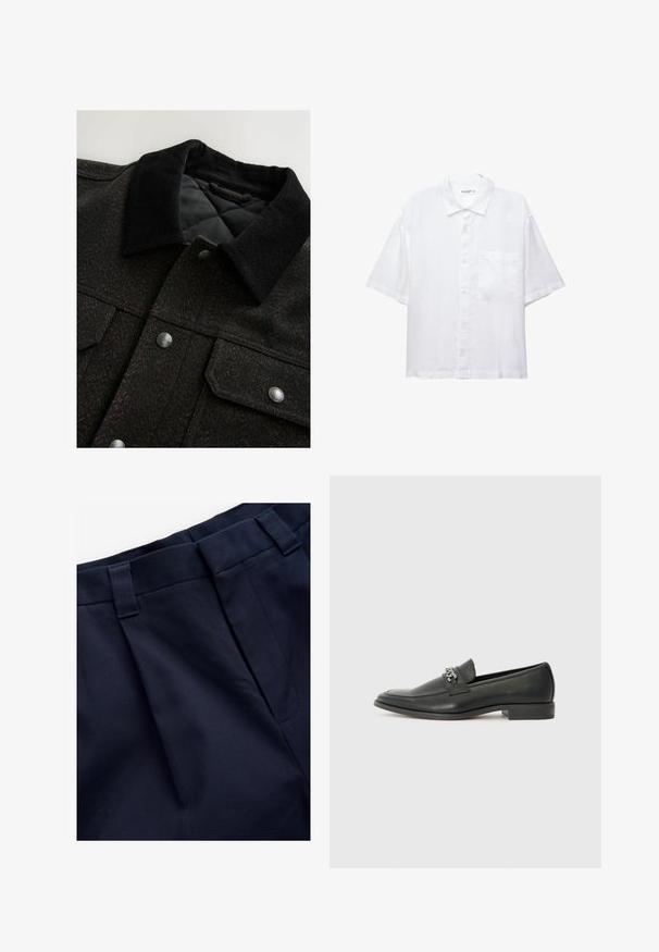 Sako s vzorem herringbone v černé a hnědé barvě, s šarmantním kordovým límcem, cvoky a prošívanou podšívkou. Tkanina vypadá strukturovaně.; Bílé krátké tričko s krátkým rukávem, zapínáním na knoflíky, límečkem a jednou náprsní kapsou. Vyrobeno z lehké látky s hladkou texturou.; Navy elegantní kalhoty se sklady z hladkého texturovaného materiálu. Disponují plochým pasem a poutky na opasek, navrženy pro pohodlí a dobré padnutí.; Černé kožené mokasíny s hladkým povrchem, s prošívaným designem a dekoračním kovovým řetízkem přes nárt. Plochý podpatek.