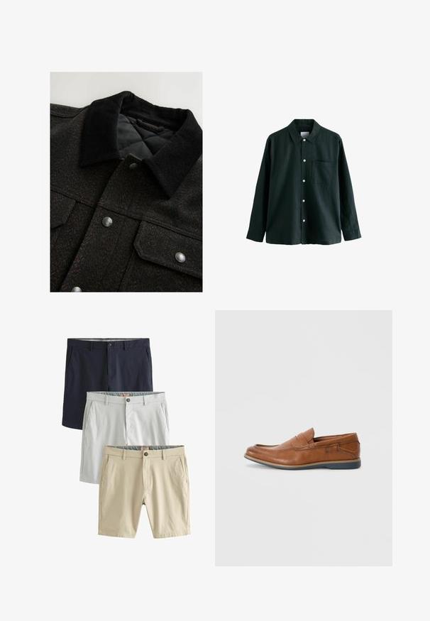 Giacca nera e marrone a motivo a spina di pesce con colletto in corduroy, bottoni a scatto e fodera trapuntata. Il tessuto sembra testurizzato.; Camicia button-up verde scuro con colletto, maniche lunghe e una tasca sul petto; presenta bottoni bianchi e una consistenza morbida.; Tre paia di shorts: blu navy, grigio chiaro e beige, tutti realizzati in tessuto liscio, con tasche frontali e chiusura a bottone.; Mocassini in pelle marrone con punta tondeggiante, dettagli cuciti e suola in gomma bassa. Il design presenta una banda sulla parte superiore.