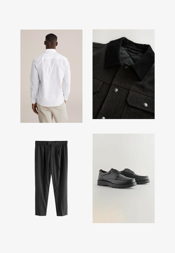 Zwarte en bruine jas met een visgraatpatroon, voorzien van een corduroy kraag, drukknoopsluiting en een gewatteerde voering. De stof lijkt getextureerd.; Wit overhemd met lange mouwen, gemaakt van gladde stof. Heeft een klassieke kraag, een afgeronde zoom en manchetten met een enkele knoop.; Next REGULAR FIT -CHECK SMART - Chino - black; Zwarte leren schoenen met een gestructureerde bovenkant, ronde neus, vetersluiting en dikke rubberen zolen met een patroon.