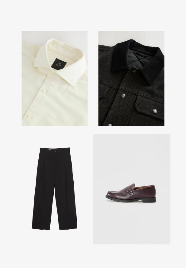 Veste à motif en chevrons noire et marron avec un col en velours côtelé, des boutons-pression et une doublure matelassée. Le tissu semble texturé.; Chemise collée de couleur crème avec un tissu texturé, présentant une étiquette noire "NEXT" et des boutons blancs le long de la patte de boutonnage.; Pantalons larges noirs en tissu lisse, avec une taille plate, des plis avant et un bouton unique.; Mocassins en cuir bordeaux avec un bout rond, des détails de couture subtils et une semelle noire basse. Design classique avec des embellissements minimalistes.