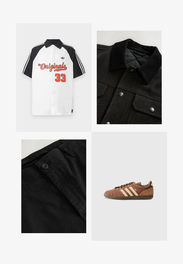 Juodas ir rudas zigzaginis raštas su pūkų apykakle, spaudėmis ir siūtu pamušalu. Audinys atrodo tekstūruotas.; Baltas trumpas rankovėmis polo marškinėliai su juodu apykakle, juodomis rankovėmis, raudonu „The Originals“ grafiniu piešiniu ir raudonu „33“ užrašu priekyje.; Juodos medvilninės kelnės, pasižyminčios lygiu paviršiumi, mygtuko uždarymu, dirželio kilpomis ir juosmeniu. Viršutinė vaizdingoje perspektyvoje akcentuojama medžiaga.; adidas Originals SAMBA UNISEX - Sportbačiai - preloved brown/sand strata/dark brown