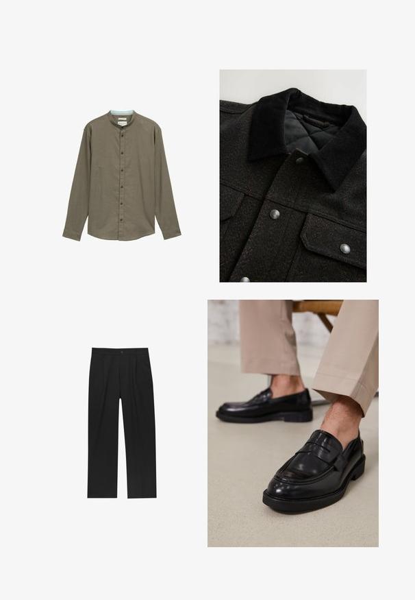 Jacke mit Fischgrätmuster in Schwarz und Braun, mit Cordkragen, Druckknöpfen und wattierter Innenausstattung. Der Stoff wirkt strukturiert.; Braunes Langarmhemd mit Stehkragen, Knopfleiste und subtiler Textur. Verfügt über dunkle Knöpfe und einen hellblauen Innensaum.; Schwarze Hose mit geradem Schnitt, aus einem glatten Stoff gefertigt. Verfügt über Vorderfalten und einen einzelnen Knopfverschluss an der Taille.; Schwarze Lederloafers mit glatter Oberfläche, ausgestattet mit einem dekorativen Riemen und Kontrastnähten, kombiniert mit beigen Hosen.