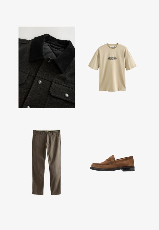 Juodas ir rudas zigzaginis raštas su pūkų apykakle, spaudėmis ir siūtu pamušalu. Audinys atrodo tekstūruotas.; Bežinis medvilninis marškinėliai su centrinėje dalyje esančia grafika. Dizainas apima spalvingus elementus ir kreivą tekstą. Trumpomis rankovėmis ir apvaliu iškirpimu.; Rudos medvilnės chinos kelnės su tiesiomis kojomis, priekinėmis kišenėmis ir mygtukų uždarymu. Išsiskiria lygiu paviršiumi ir tvarkingais linijomis.; Rudi zomšinių loaferių su apvaliu pirštu dizainu, siuvinėtoje viršuje ir juodu guminiai padu. Minimalūs žalvariniai akcentai.