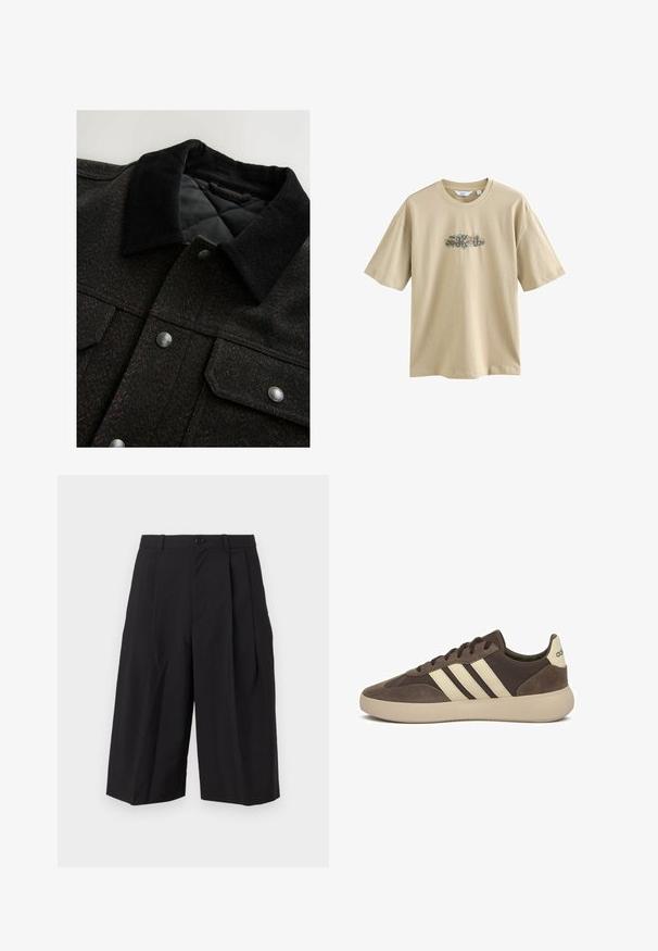 Black and brown herringbone-patterned jacket with a corduroy collar, snap buttons, and a quilted lining. Fabric appears textured.; Beige cotton t-shirt featuring a graphic print in the center. The design includes colorful elements and curved text. Short sleeves and round neckline.; Black pleated shorts made of fabric with a smooth texture, featuring a front button closure and wide, loose-fitting legs.; Brown suede sneaker with three white stripes, rounded toe, thick rubber sole, and minimal branding on the heel.