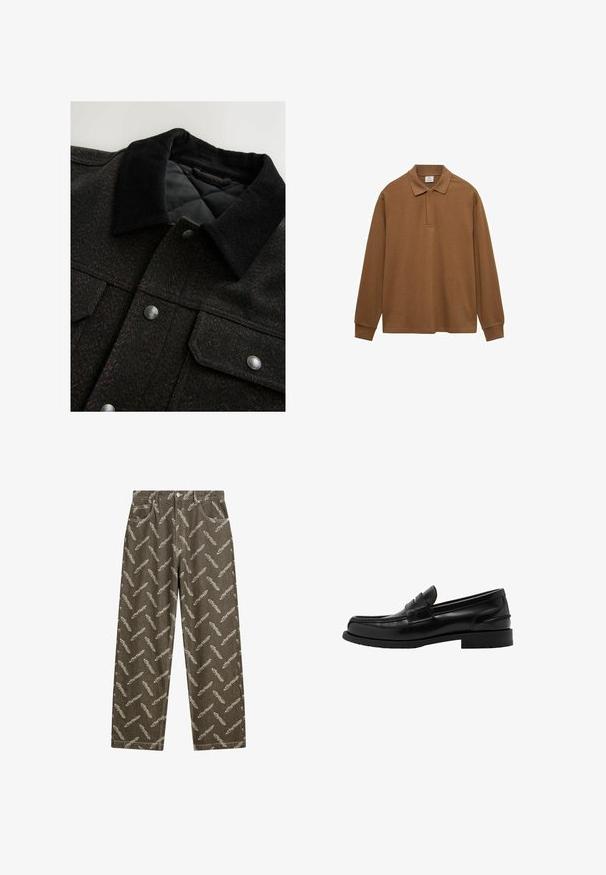 Jakna s uzorkom riblja kost u crnoj i smešnoj boji, s ovratnikom od kordura, dugmadima na dugme i ušivenom podlogom. Tkanina deluje teksturirano.; Smeđi pamučni dukserica s dugim rukavima, s ovratnikom, kopčanjem na gumbe i rebrastim manžetama; glatka tekstura i opušteni kroj.; Khaaki traperice s uzorkom pera u svijetlo bež boji. Labav kroj s klasičnim džepovima i kontrastnim šavovima.; Crni kožni mokasini s niskim potpeticom, šivanim detaljima na prednjem dijelu i glatkom, sjajnom završnom obradom. Imaju dizajn s okruglim prstima.