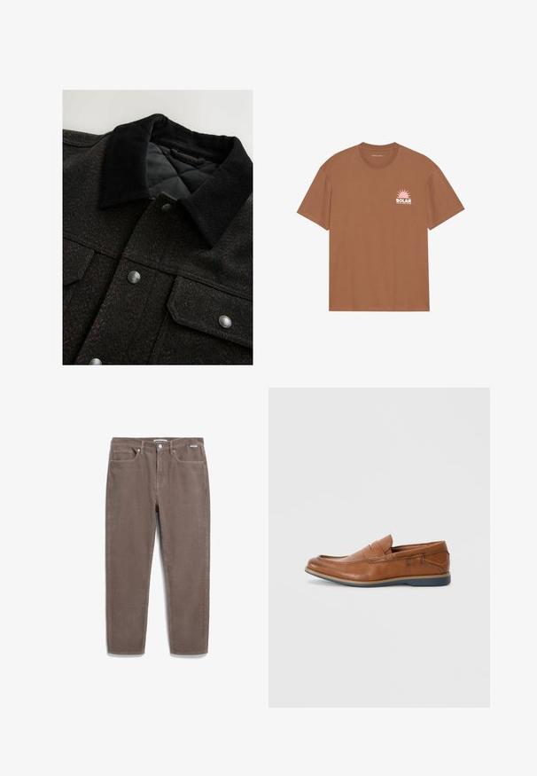 Jacke mit Fischgrätmuster in Schwarz und Braun, mit Cordkragen, Druckknöpfen und wattierter Innenausstattung. Der Stoff wirkt strukturiert.; Braunes Kurzarm-T-Shirt aus Baumwolle mit einem rosa Sonnenmotiv und dem Text "SOLAR" auf der linken Brust. Mit Rundhalsausschnitt.; Braune Cordhosen mit geradem Bein, fünf Taschen und Knopfverschluss. Strukturiertes Gewebe mit vertikalen Rillen.; Braune Lederloafers mit runder Spitze, gesteppten Akzenten und einer niedrigen Gummisohle. Das Design verfügt über ein Band über dem oberen Teil.