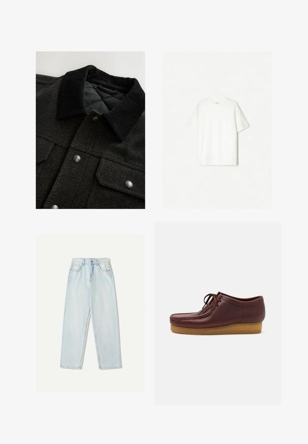 Giacca nera e marrone a motivo a spina di pesce con colletto in corduroy, bottoni a scatto e fodera trapuntata. Il tessuto sembra testurizzato.; T-shirt bianco a maniche corte, realizzato in cotone morbido. Design a girocollo con una vestibilità comoda e senza loghi o motivi visibili.; Jeans in denim azzurro chiaro con una vestibilità comoda, design a gamba dritta, stile a cinque tasche e leggere sfumature sul tessuto.; Scarpa in pelle marrone con punta rotonda, chiusura con lacci e suola in gomma texturizzata. Presenta un design cucito lungo il bordo superiore.