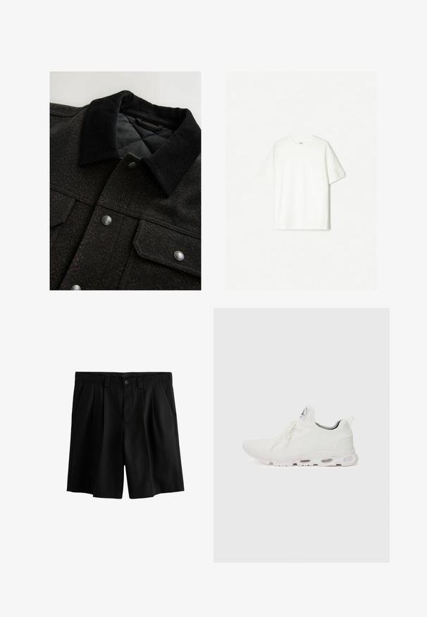 Sako s vzorem herringbone v černé a hnědé barvě, s šarmantním kordovým límcem, cvoky a prošívanou podšívkou. Tkanina vypadá strukturovaně.; Bílý krátký rukáv tričko vyrobené z měkké bavlny. Design s kulatým výstřihem a uvolněným střihem, bez viditelných log nebo vzorů.; Černé šortky s skládacím designem, zapínáním na knoflík a hladkou texturou. Pas obsahuje poutka na opasek pro lepší styl.; Bílé sportovní boty s texturovaným pleteným svrškem, plochými tkaničkami a polstrovanou podešví s viditelnými vzduchovými komorami pro zvýšenou podporu.