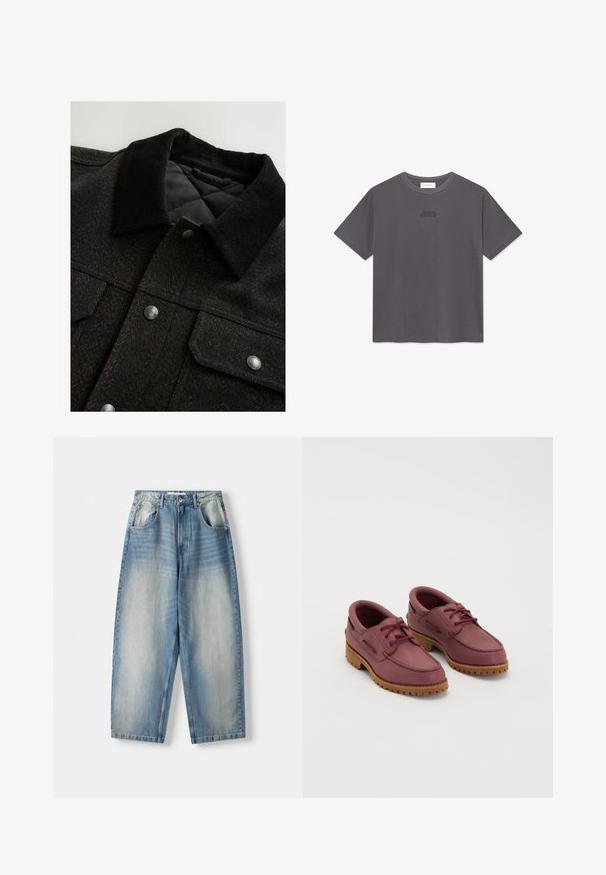 Jacke mit Fischgrätmuster in Schwarz und Braun, mit Cordkragen, Druckknöpfen und wattierter Innenausstattung. Der Stoff wirkt strukturiert.; Dunkelgraues T-Shirt mit kurzen Ärmeln, Rundhalsausschnitt und kleinem, dezentem Logo in der Mitte der Brust.; Helle blaue Jeans aus Denim mit lockerer Passform, geradem Bein, vorderen Taschen und einem Knopfverschluss an der Taille.; Ein Paar kastanienbraune Leder-Bootsschuhe mit dicken hellbraunen Gummisohlen und roten Schnürsenkeln auf einem weißen Hintergrund.