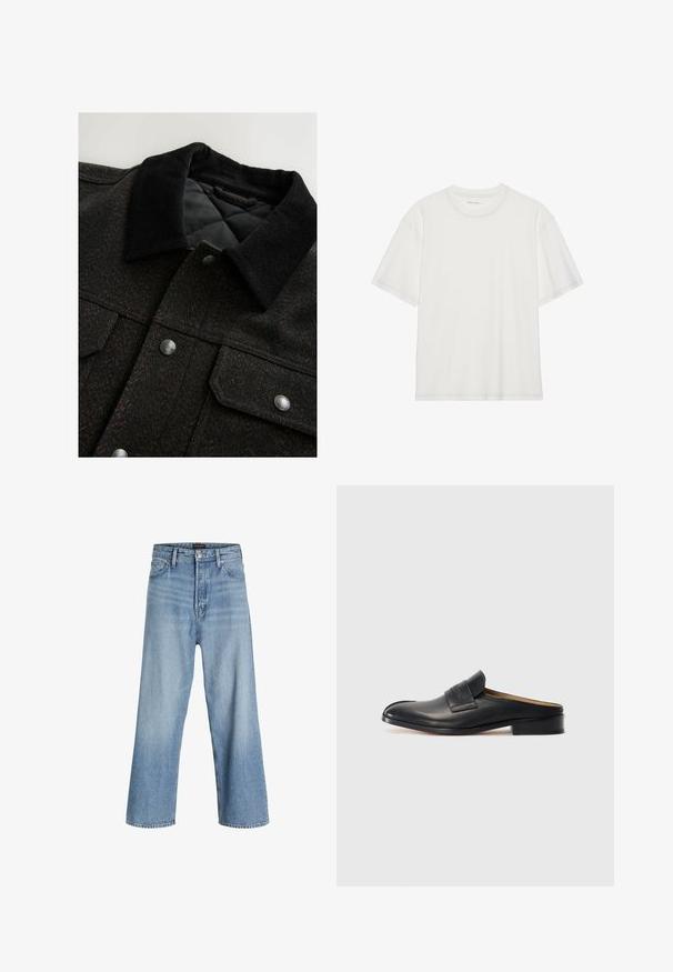 Svart och brun herringbone-mönstrad jacka med en kordflöjlskrage, tryckknappar och ett vadderat foder. Tyget verkar vara texturerat.; Vit bomull t-shirt med korta ärmar, rund hals och kontrasterande sömdetalj runt halsringningen och ärmarna.; Ljusblå vida jeans i denim, med hög midja, klassisk femfickdesign och knappstängning med dragkedja.; Svart läder slip-on sko med rund tå, låg blockklack och ett framrem. Slät textur med subtil logotypdetalj på remmen.